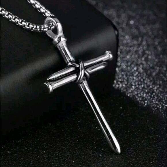 925 Plated Silver Cross Nails Necklace Men's Vtg Fashion Christmas Birthday NEW!